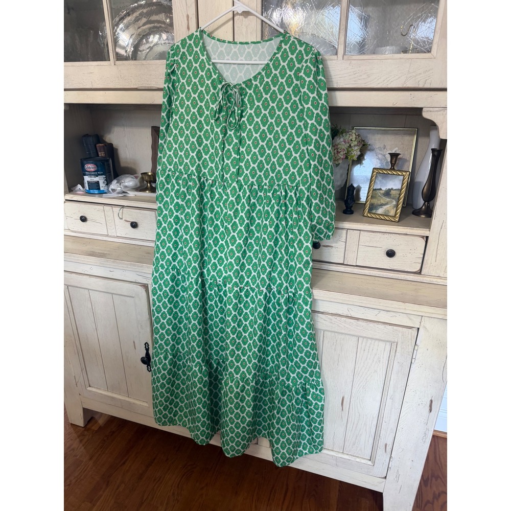 Green Geometric Floral Tiered Maxi Dress Long Sleeve‎ V-Neck Boho L
